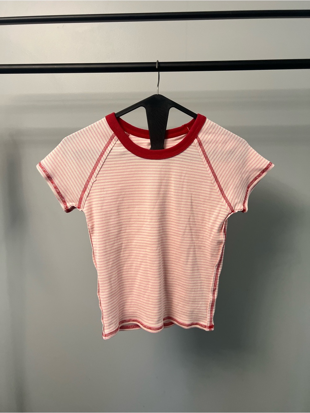 Women's Short Sleeve Striped Tee with Red Trim